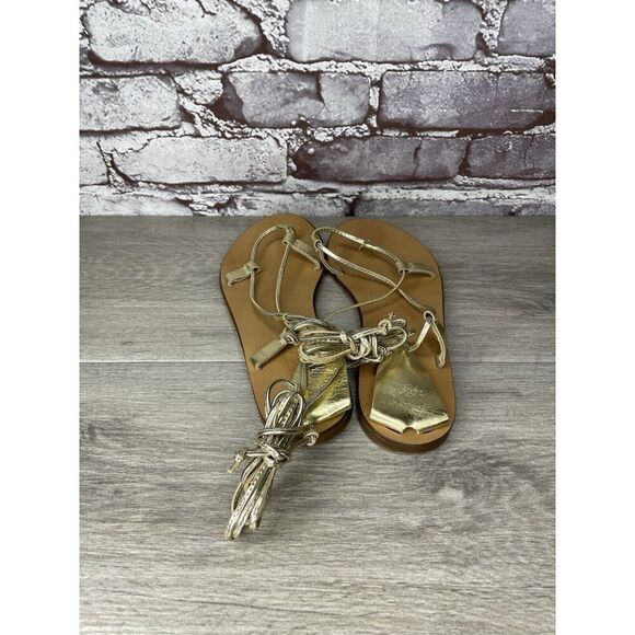 J. Crew Metallic Gold Leather Ankle Wrap Around Sandals Women’s Sz 7.5M US/38EU - Picture 4 of 16
